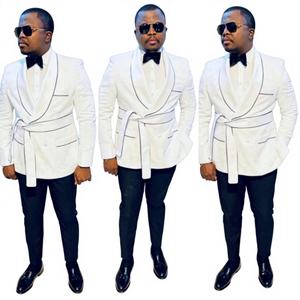 Trajes de Jacquard blanco para hombre con ribete negro, chaqueta para fumar, pantalón de 2 piezas, conjunto de trajes Terno para novio para hombre, ropa para invitados de <span class=keywords><strong>boda</strong></span> - Product Image 1