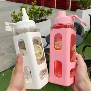 Water Bottle With <b>Straw</b> 3D Cute Bear Sticker Bpa Free <b>Plastic</b> Square Sippy Cup Portable Drinkware 700ml - Product Image 4