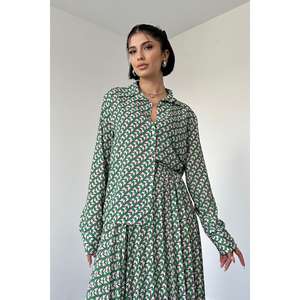 Elegante Conjunto de Camisa y Falda de Viscosa Estampada Verde para Mujer, Traje de Crepé de Manga Larga, Estilo Vestido Maxi Transpirable - Product Image 2
