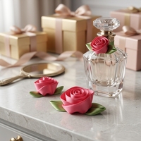 Rose en ruban de satin faite à la main de luxe avec feuilles vertes pour bouteille cosmétique, bricolage, couture, applique, décoration de mariage