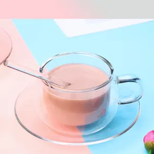 Tazza da birra riutilizzabile semplice e trasparente ad alto contenuto di borosilicato tazza da tè in vetro a doppia parete con cucchiaio piattino