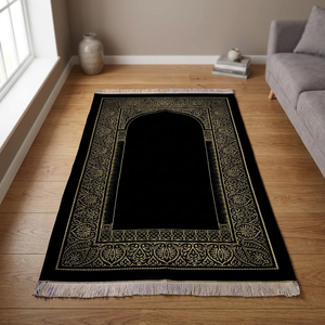 Alfombra de Oración Musulmana Rectangular Negra con Patrón Dorado para Ideas de Regalos Islámicos, Venta al por Mayor, Hecho en Turquía - Product Image 1