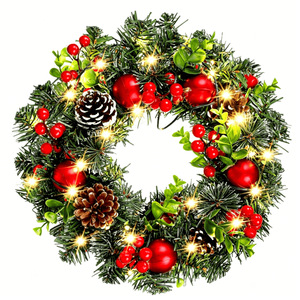 Corona navideña de PVC verde flocado de 40 cm de diámetro con bolas y guirnalda de bayas rojas para decoraciones navideñas - Product Image 1