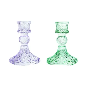 4 inch Light Green Glass Diamond Taper Candle Holders, Violets Glass Taper Candlestick Holders for Wedding Dinning Part