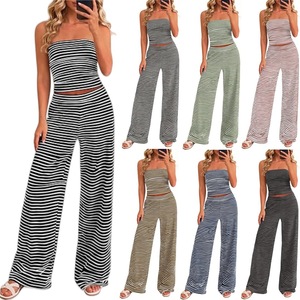 Ensemble décontracté pour femme : haut rayé sans bretelles et pantalon large à taille élastique – Idéal pour les vacances et la maison – Tailles S, M, L, XL, XXL - Product Image 1