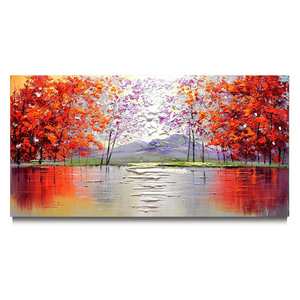 Pintura al Óleo Vibrante de <span class=keywords><strong>Paisaje</strong></span> <span class=keywords><strong>Otoñal</strong></span> con Lago y Bosque Rojo, Arte Mural Moderno Abstracto en Lienzo - Product Image 1