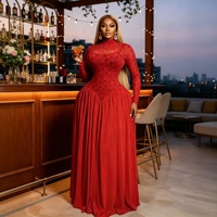 Robe de soirée longue plissée taille haute coupe ajustée à manches longues et col montant en maille imprimée à pois, élégante et chic pour femme