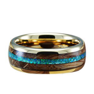 Cincin Kawin Tungsten Berlapis Emas TG dengan Desain Opal Hijau Tong Whiskey Klasik, Bersertifikat, untuk Janji dan Pertunangan - Product Image 3