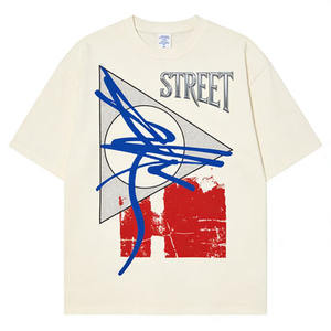 T-shirt beige à manches courtes avec motif géométrique quadrillé, imprimé numéro 99, style streetwear, coupe ample, confortable et décontracté - Product Image 1