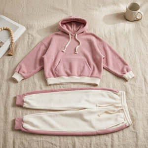 Ensemble de survêtement d'hiver décontracté unisexe en coton 100% écologique, sweat-shirt à capuche et pantalon de jogging rose à blocs de couleur, deux pièces - Product Image 1