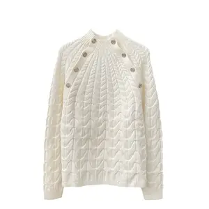 ブティック卸売2023秋の新しいフランスのファッションスタンディングカラーホワイトスレッドニットレディースセーター