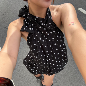 Women's Classy Girly High Neck Polka Dot Print <b>Top</b> with <b>Bubble</b> Hem – Sleeveless Cute Blouse for Summer - Product Image 4