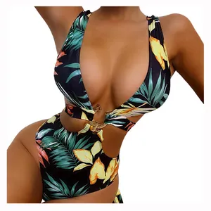 Tropische Plant Allover Print Bikini Sexy Hals Riem Vrouwen Badmode Hoge Taille Blad Badpak Groothandel