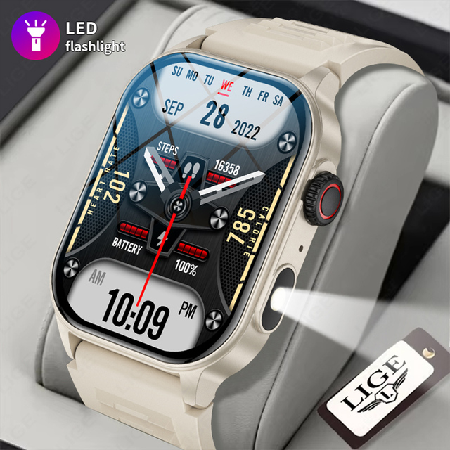 Lige BWKM02 Men's Watches Outdoor Flashlight IP68 Waterproof Smart Watch Men Heart Rate Sport Fitness Watches BT Call Smartwatch