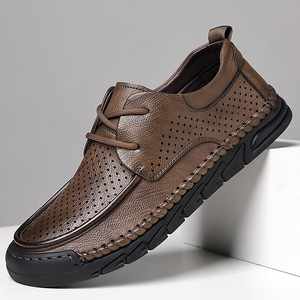 Chaussures décontractées pour hommes en cuir perforé, bout rond, à enfiler, semelle plate en caoutchouc, toutes saisons, style marche - Product Image 3