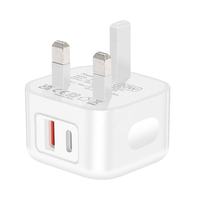 Cargador Rápido de Pared con Doble Puerto USB-A y Tipo-C, 20W PD QC3.0, Adaptador de Corriente con Enchufe UK para Viajes, Compatible con iPhone, Samsung y Android