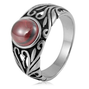yunnique Men's <b>Titanium</b> Steel <b>Ring</b> Red Gemstone Bezel Setting Plant Pattern Fashion Jewelry Gift FY28058 - Product Image 1