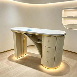 Table de manucure blanche de luxe avec éclairage LED, lampe de bureau dorée, 3 tiroirs de rangement, panneau cannelé, table de salon de manucure moderne - Product Image 3