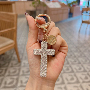 Factory Wholesale Crystal Diamond Rhinestones Luxury Bling Glitter Christian Jesus pink Cross Keychain for Women Bag Purse Charm - Product Image 3