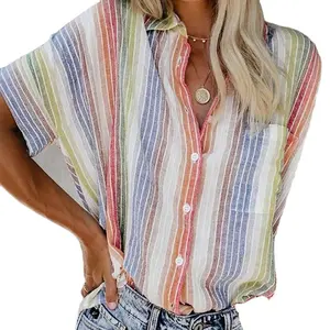 여름 플러스 사이즈 3XL 상의 여성 셔츠 짧은 배트윙 소매 턴다운 칼라 여성 셔츠 2023 캐주얼 버튼 스트라이프 프린트 탑
