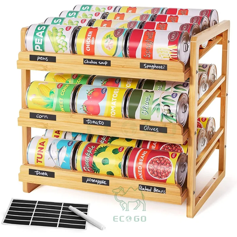 Bamboo Can Rack Organizer, 3 Tier Stackable Can Storage Rack with Label Sticker Can Holder for Kitchen Cabinet or Pantry