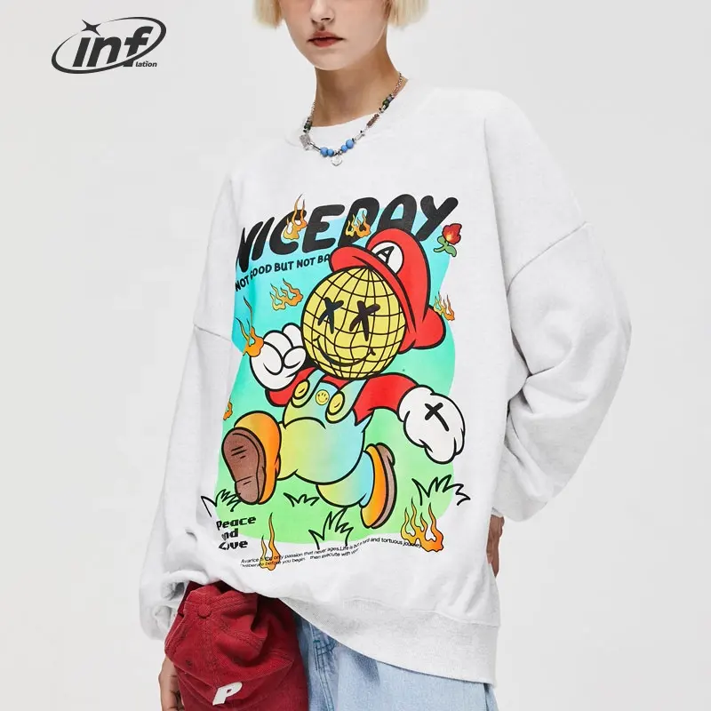 INF 330Gsm Reflective Screen Printing Hoodie Sweatshirt Terry Crewneck Cartoon Custom Men Sweatshirt