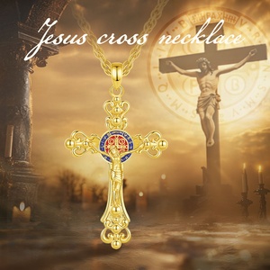 Joyería Religiosa Católica al por Mayor, Colgante <span class=keywords><strong>de</strong></span> Cruz <span class=keywords><strong>de</strong></span> Cobre Chapado en <span class=keywords><strong>Oro</strong></span> <span class=keywords><strong>de</strong></span> 18K, con Adornos Decorativos, Esmalte Rojo y Azul, Collar con Cruz - Product Image 6