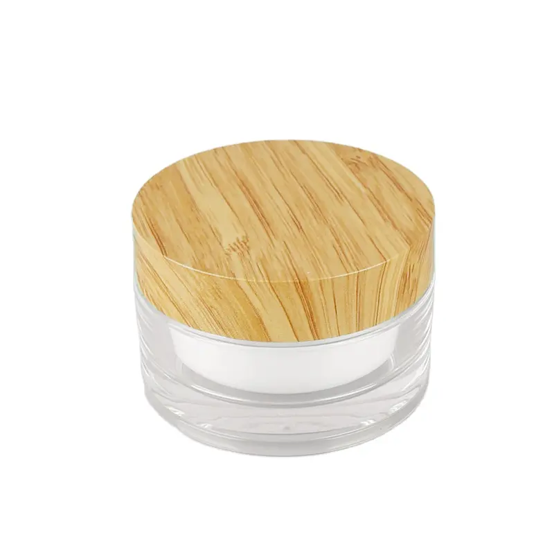 Tarro acrílico de doble pared Orbit de 50 ML/tapa similar a bambú, contenedor con tapa de rosca acrílica, tarro redondo de acrílico con tapa de madera