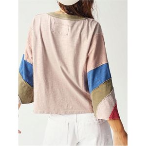 FOXA Women's <b>Patchwork</b> 3/4 Sleeve Oversized T-<b>Shirt</b> Crew Neck Color Block Baggy Top Regular Fit Woven Fabric - Product Image 3