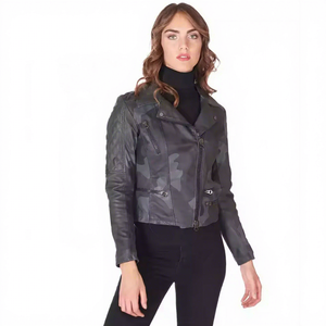 Womens Real <b>Camo</b> Leather Biker <b>Jacket</b> Asymmetric Zip Lapel Collar Quilted Sleeve Coat Zipper Pockets Slim Fit Custom Outwear New - Product Image 1