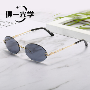 Frameless Oval <b>Sunglasses</b> Metal Frame Pc Lens Uv400 Unisex Sun Protection For Outings Parties - Product Image 3