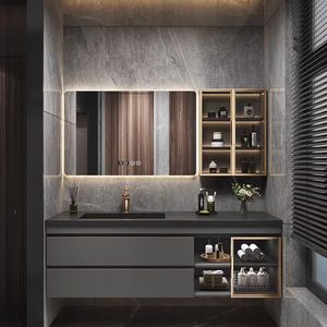 Hiện đại treo tường màu đen cho phòng tắm Vanity với bồn rửa bằng thép không gỉ và MDF Melamine Board kiểu dáng đẹp thiết kế và phong cách - Product Image 1