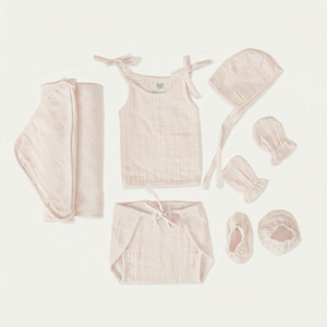 Ensemble de vêtements mignons 4 pièces 100 % coton, manches courtes, bas à lacets latéraux, chapeau, moufles, chaussons, rose uni, été, respirant, sans manches - Product Image 1