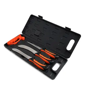 黑色和橙色防滑手柄不锈钢刀片圆角磨刀器切割板户外刀套装带手提箱