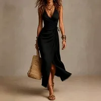 Robe sans manches à col en V, coupe ajustée, en polyester, pour les occasions décontractées d'été, disponible en plusieurs couleurs et tailles