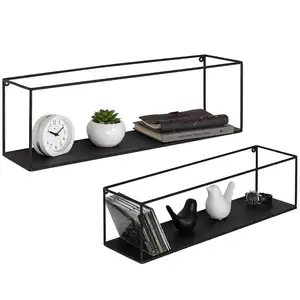 Set of 2 Rectangle Black Metal Framed Wall-Mounted Rectangular Display Shelves For Home Decor