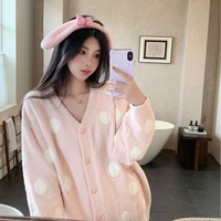 Ensemble de pyjama mi-long en flanelle pour femme, motif pois, manches longues, tricoté, ample, automne-hiver, vêtements de détente et de nuit, vente en gros