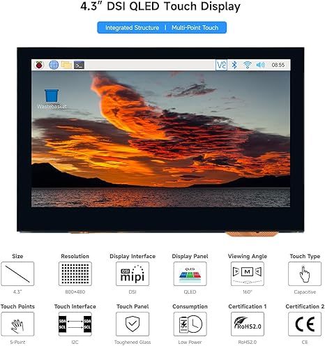 AISMARTLINK Waveshare 4.3inch QLED Display, Compatible with Raspberry Pi 5/4B/3B+/3A+/3B/2B/B+/A+/CM3/3+/4, DSI Interface