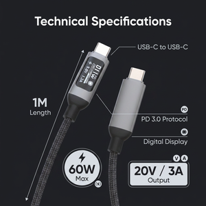 Câble USB-C en nylon tressé en alliage d'aluminium durable 60W PD avec affichage numérique LED de <span class=keywords><strong>puissance</strong></span>/tension en temps réel pour une charge sécurisée - Product Image 4