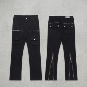 Streetwear Vintage Straight Knitted Denim <b>Cargo</b> Zipper Jeans Custom Dtg Printed Logo Pants Pocket Dark Washed Casual Men - Product Image 3