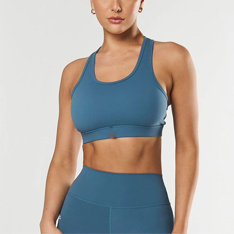 OEM Custom Logo Scoop Neckline Removable Padding Elastic Waistband Light Medium Support Gym Fitness Sport Bra