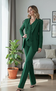 Traje de pantalón verde para mujer, elegante, hecho a mano, de tres piezas, con blazer, chaleco y pantalones acampanados, conjunto formal de primera calidad para oficina - Product Image 3