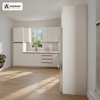 Meuble de cuisine stratifié, aménagement en L minimaliste, unités sur mesure, boîtes en panneaux mélaminés et tiroirs à fermeture amortie