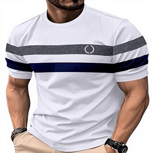 T-shirt à manches courtes rayé blanc pour homme avec logo sur le devant, col rond décontracté, coupe ajustée, en jersey de coton - Product Image 1
