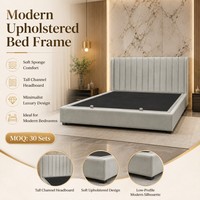Cadre de lit plateforme avec rangement et tête de lit verticale en tissu vert pour lits Queen et King, mobilier de chambre à coucher, fourniture OEM personnalisée B2B
