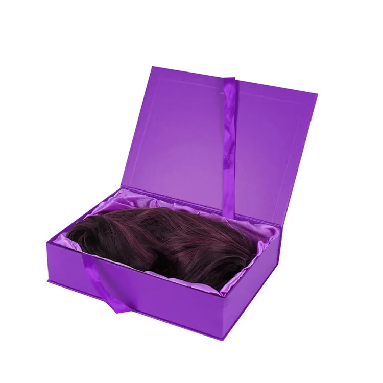 Hair Extension Custom Packaging Purple Book Shape Paper Boxes With Ribbon Closure Wig Box Packaging
