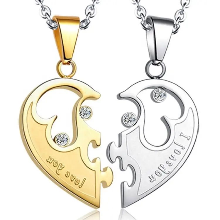 Fashion Titanium Steel Couple Necklace Heart Shaped Combination Men And Women Pendant Valentine's Day Diamond Necklace