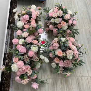 QSLH Ti332 New Flower Row Wedding Decoration Pink Flower Runner Flower Centerpiece For Church Ceremony Party Table Centerpiece