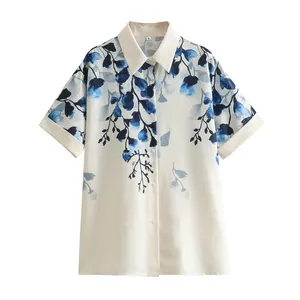 Floral print beige color turn down collar short sleeve buttons up casual fashion shirts tops for women