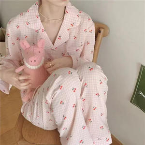 Colección Otoño/Invierno, ropa <span class=keywords><strong>de</strong></span> dormir para mujer, pijamas <span class=keywords><strong>de</strong></span> algodón con burbujas, cárdigans, logotipo frontal, cordón, pequeñas <span class=keywords><strong>cerezas</strong></span> Pastoral - Product Image 3